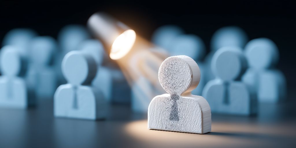 A spotlighted wooden figure standing out among a crowd of identical figures, symbolizing a buyer being identified through targeted search and deal sourcing