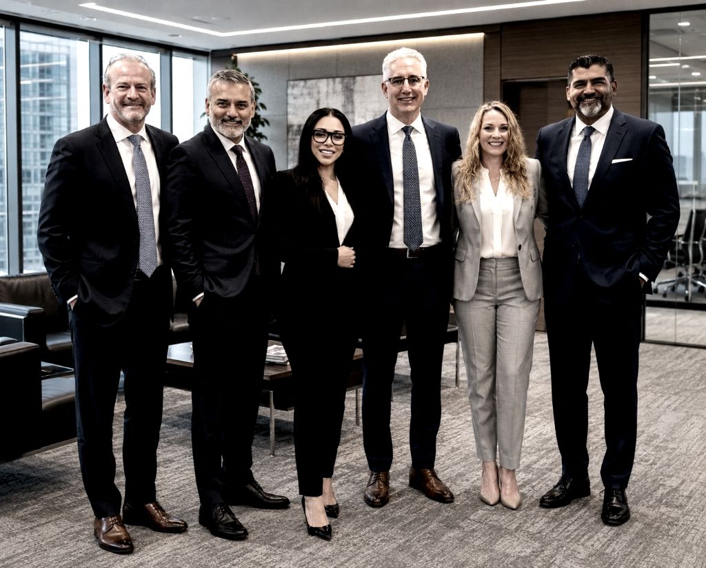 Erika Baez-Grimes and her team of advisors and professionals standing together in a modern office